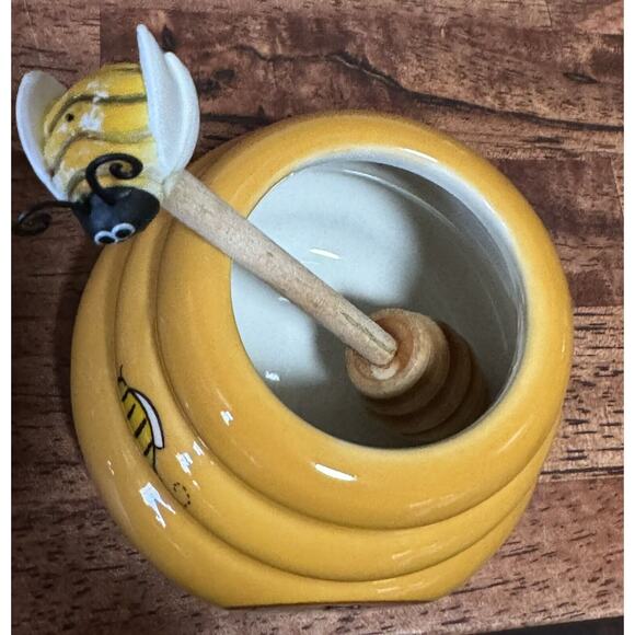 HONEY MIEL CERAMIC HONEY POT JAR WITH LID AND WOODEN HONEY STICK - Picture 4 of 8